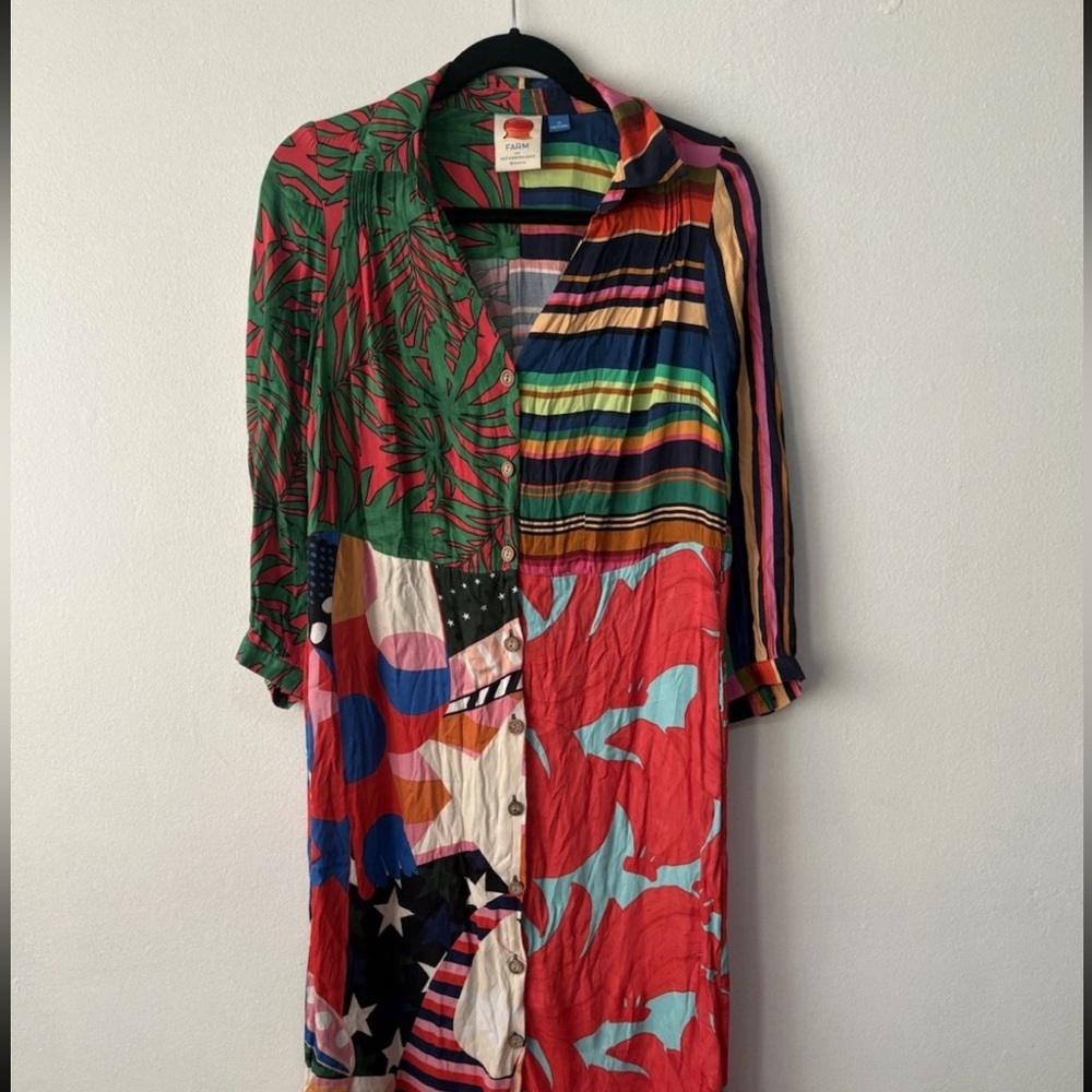 FARM RIO CIELA Button Down Multicolor Midi Shirt Dress Size XS